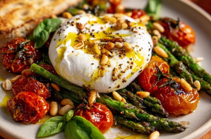 Sommerliche Burrata-Bowl mit Ofengemüse