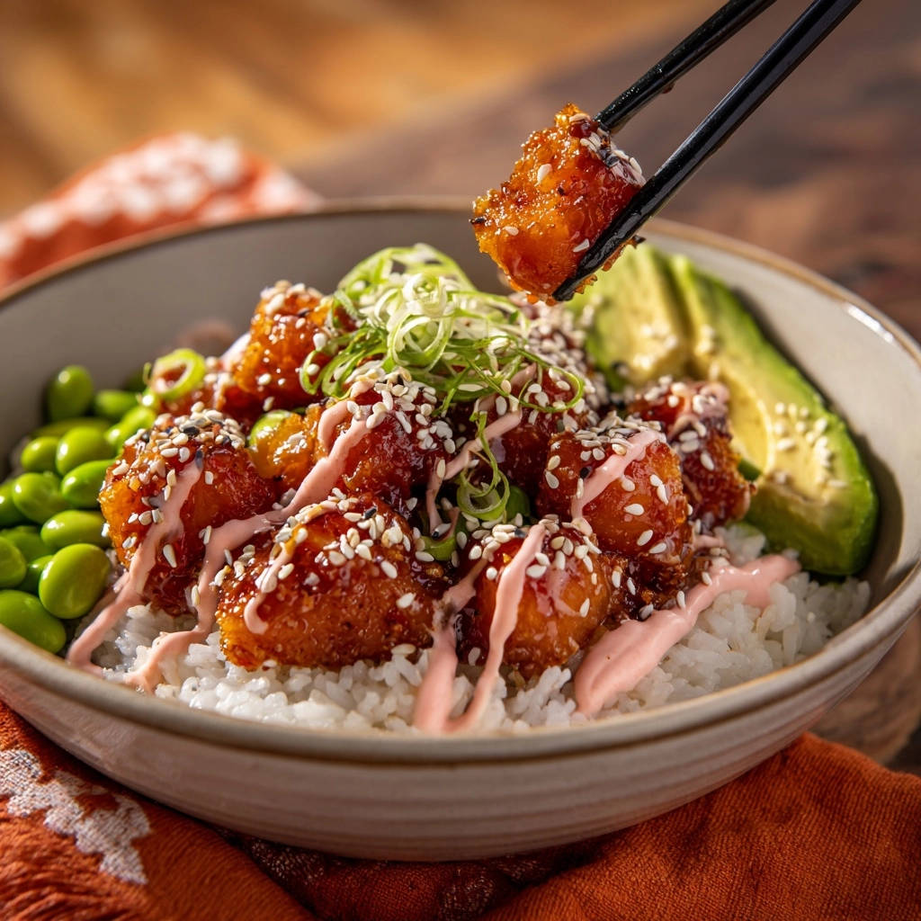 Asiatische Glasur-Lachs-Bowl mit Lachs detailreich garniert mit Sesam und Frühlingszwiebeln und serviert mit Avocado und Edamame.