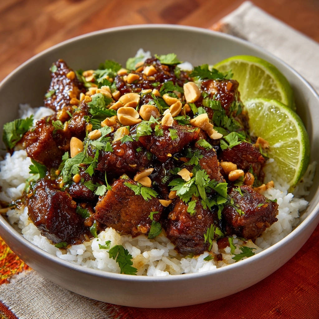 Asiatische Rindfleischwürfel mit Erdnusssauce, serviert mit Reis und garniert mit Koriander und Erdnüssen.