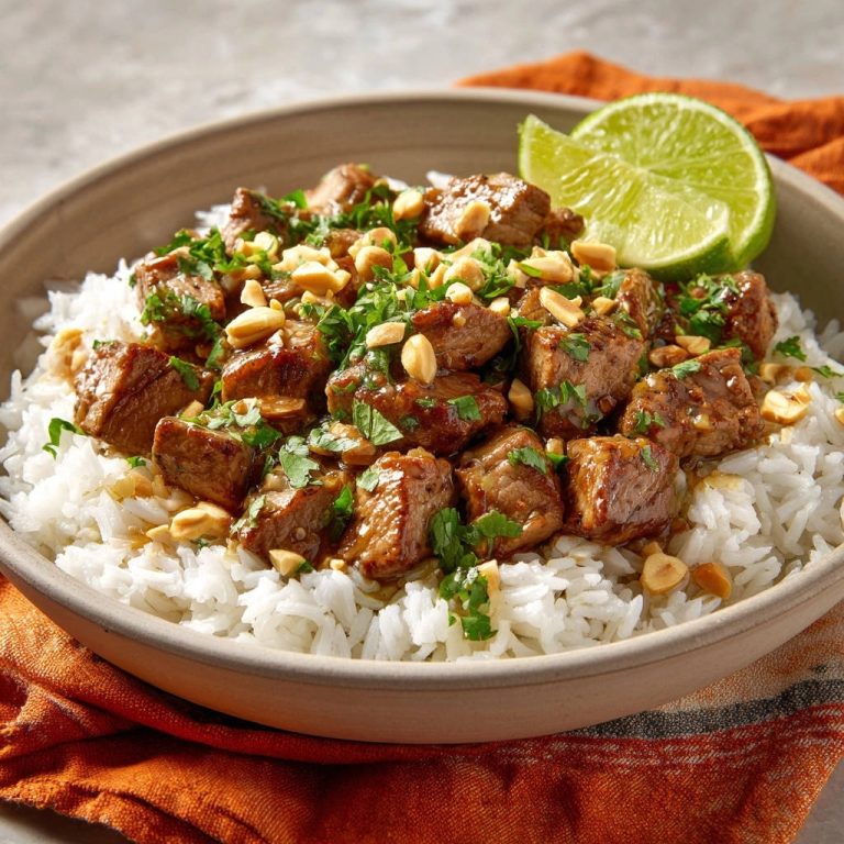 Asiatische Rindfleischwürfel mit Erdnusssauce, serviert mit Reis und garniert mit Erdnüssen und Koriander.