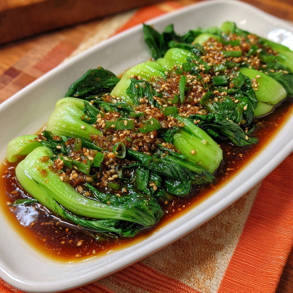 Asiatischer Bok Choy mit Knoblauch-Sesam-Soße, serviert auf einem weißen Teller und garniert mit Frühlingszwiebeln und Sesam.