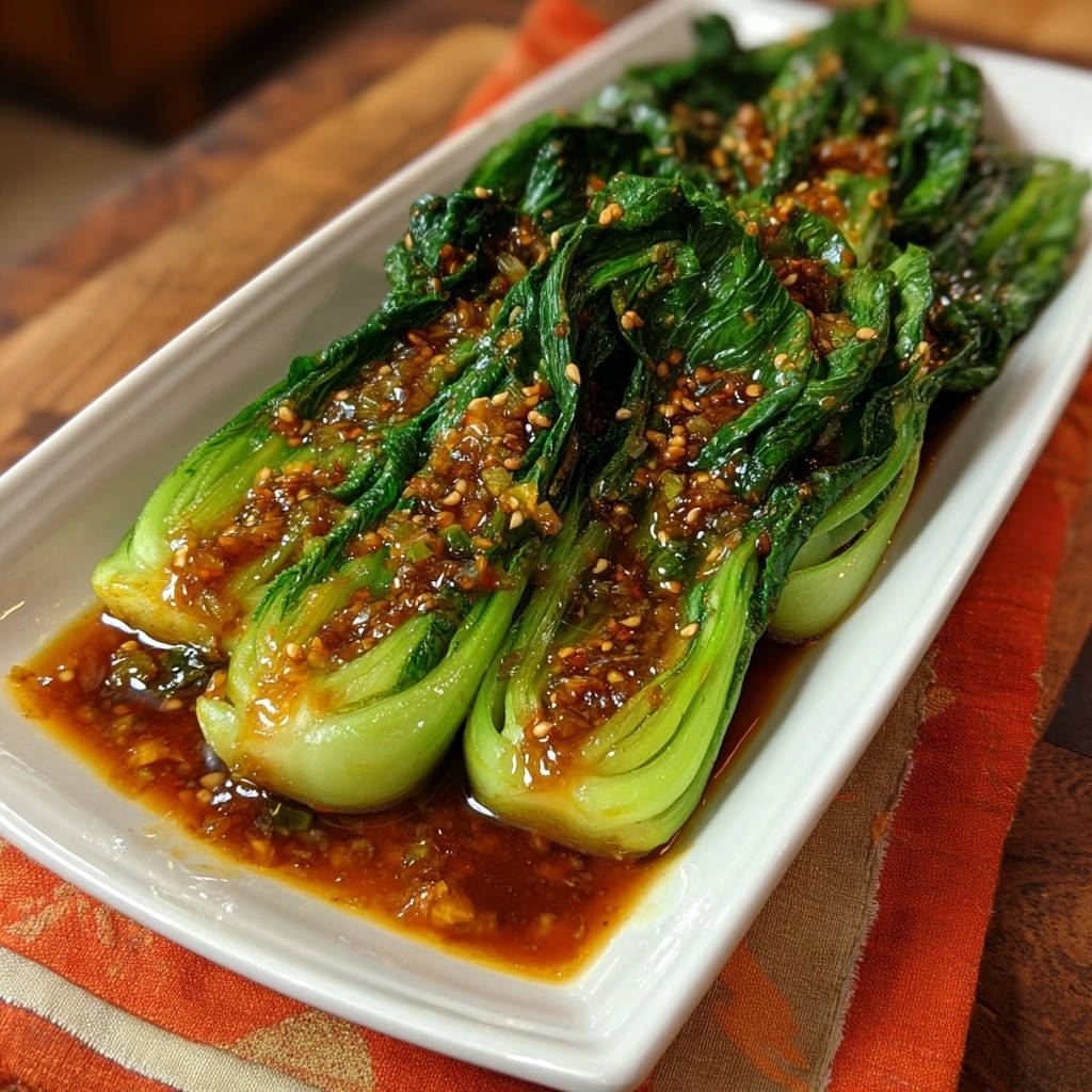 Asiatischer Bok Choy mit Knoblauch-Sesam-Soße, detailnah mit glänzender Sauce und Sesamkörnern auf den Gemüsestielen.