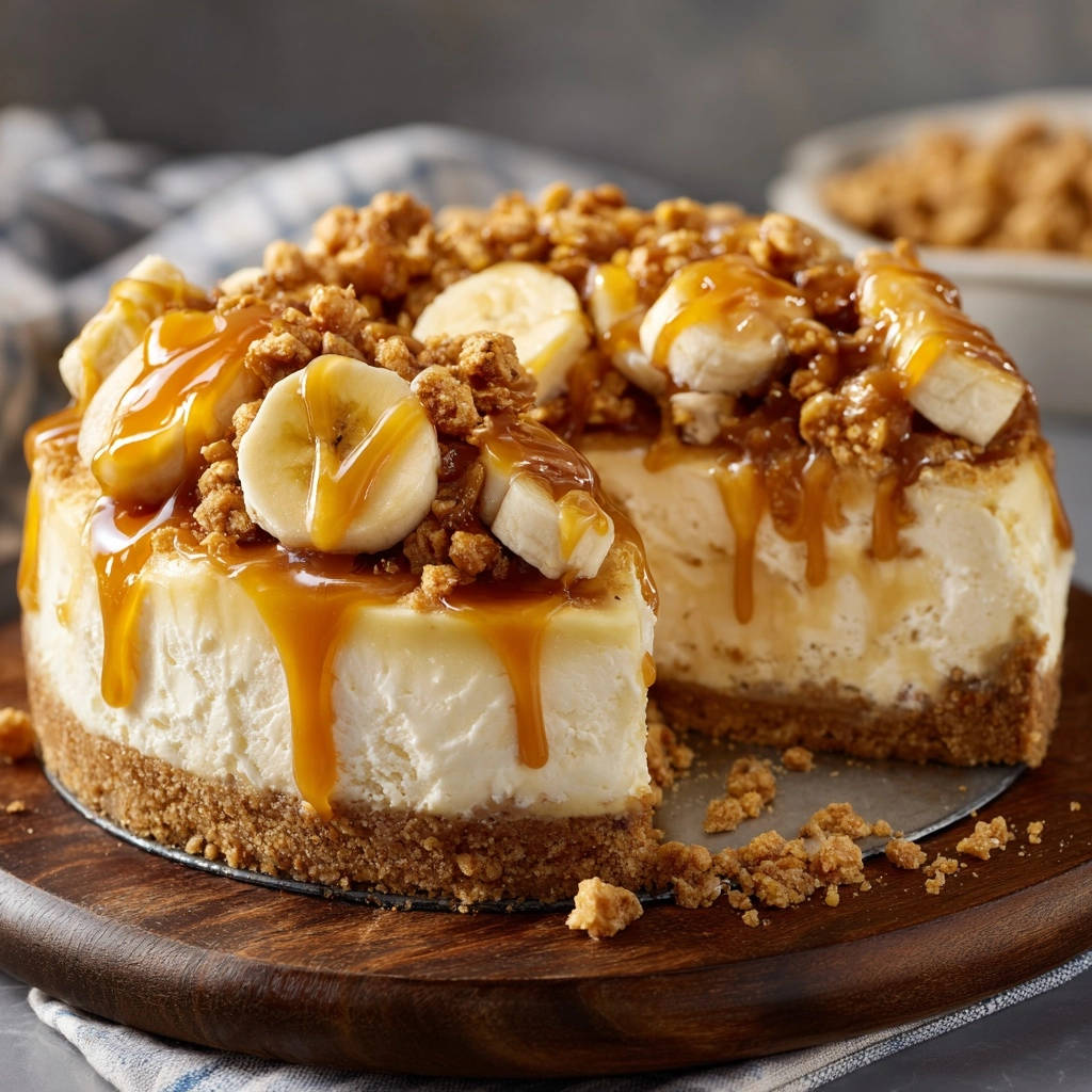 Bananen-Karamell-Cheesecake angeschnitten und mit Karamell, Bananenstücken und Streuseln garniert auf einem Holzteller
