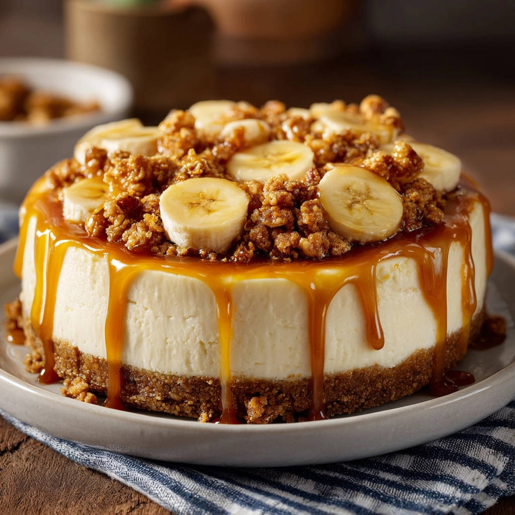 Bananen-Karamell-Cheesecake mit cremiger Textur, garniert mit Bananenscheiben und Karamell-Sauce.