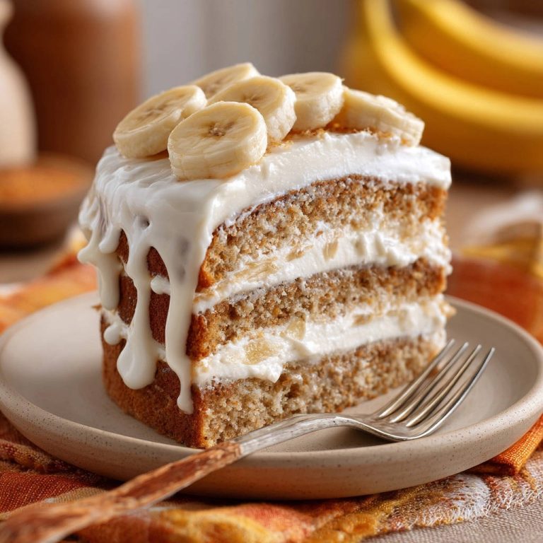 Saftiger Bananen-Schichtkuchen angeschnitten auf einem Teller mit cremiger Füllung und Bananenscheiben garniert.