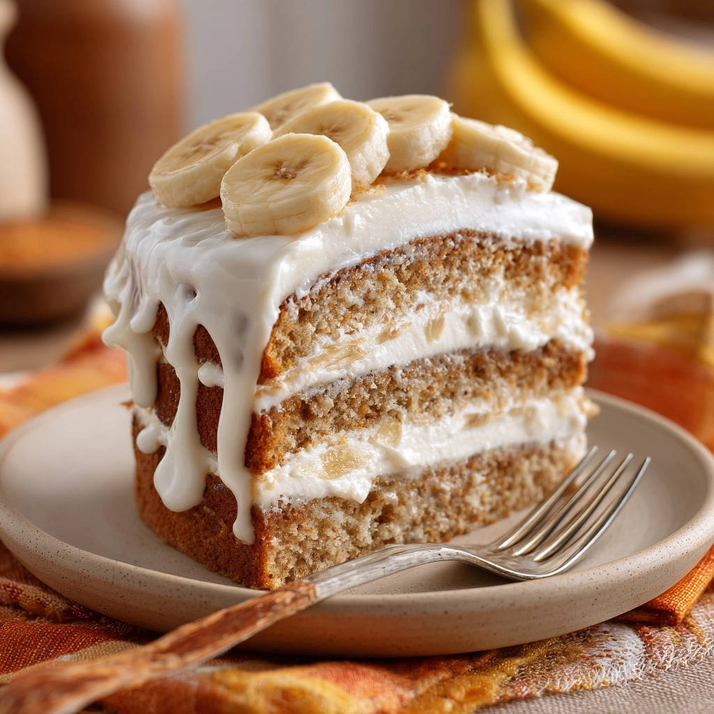Saftiger Bananen-Schichtkuchen angeschnitten auf einem Teller mit cremiger Füllung und Bananenscheiben garniert.