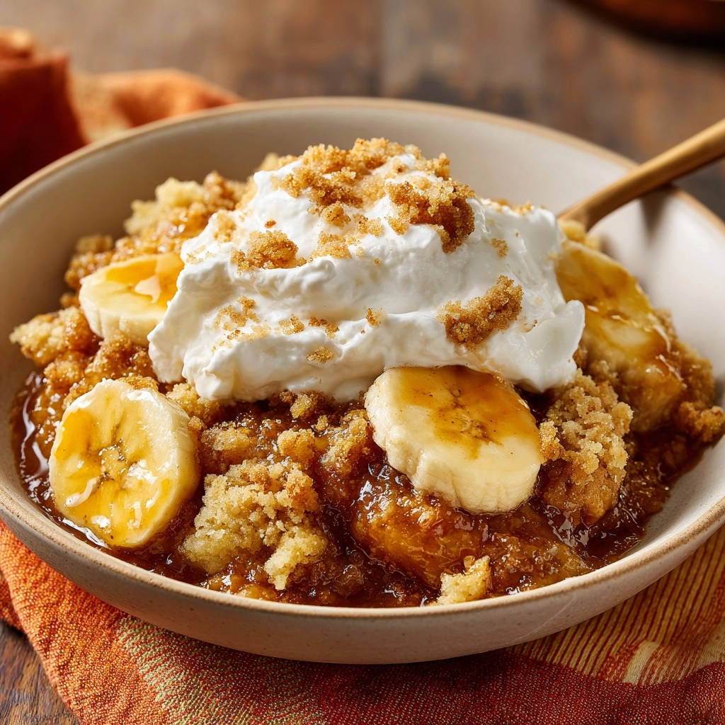 Süßer Bananen-Streusel-Traum mit einer großzügigen Portion Sahne und Bananenscheiben, garniert mit braunem Zucker.