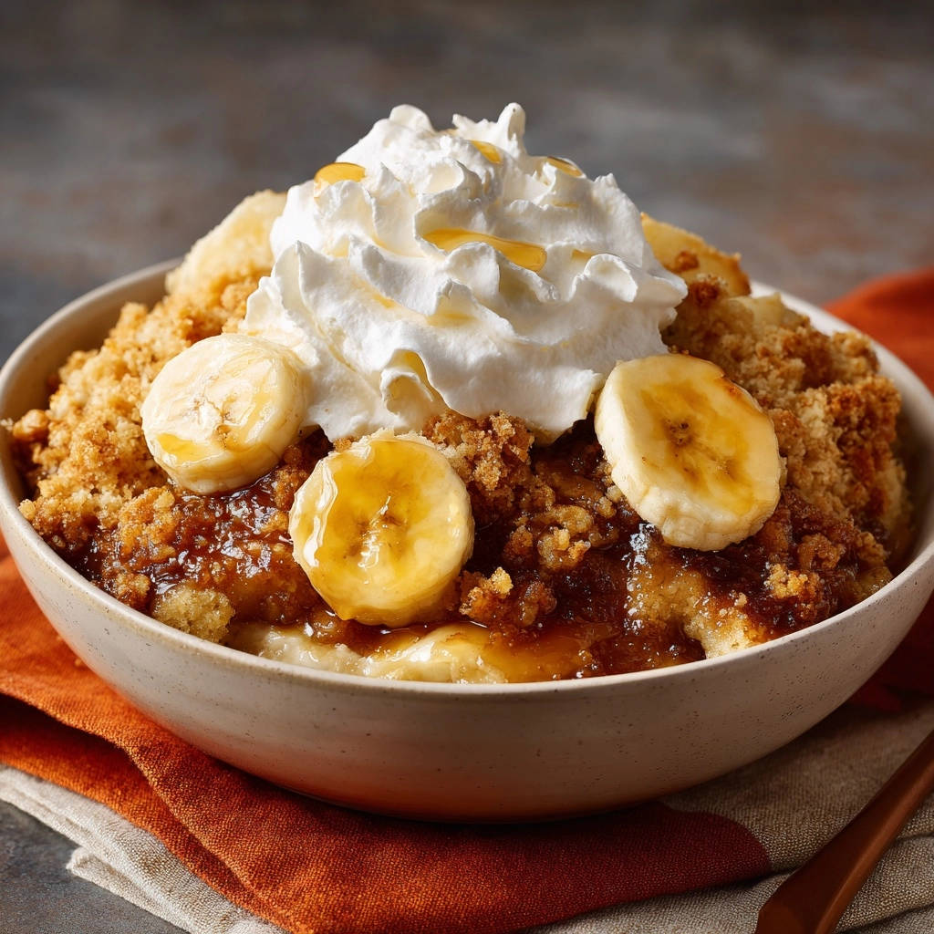 Süßer Bananen-Streusel-Traum nah aufgenommen mit Sahnehaube und Bananenscheiben, übergossen mit Sirup.