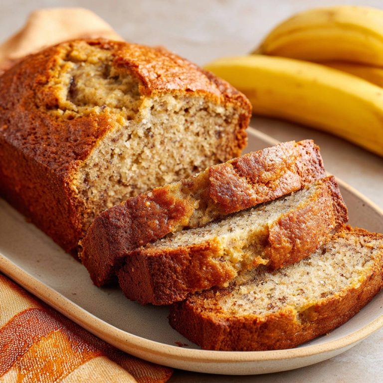 Das unvergleichliche Bananenbrot angeschnitten auf einem Teller, mit saftigen Scheiben und Bananen im Hintergrund.