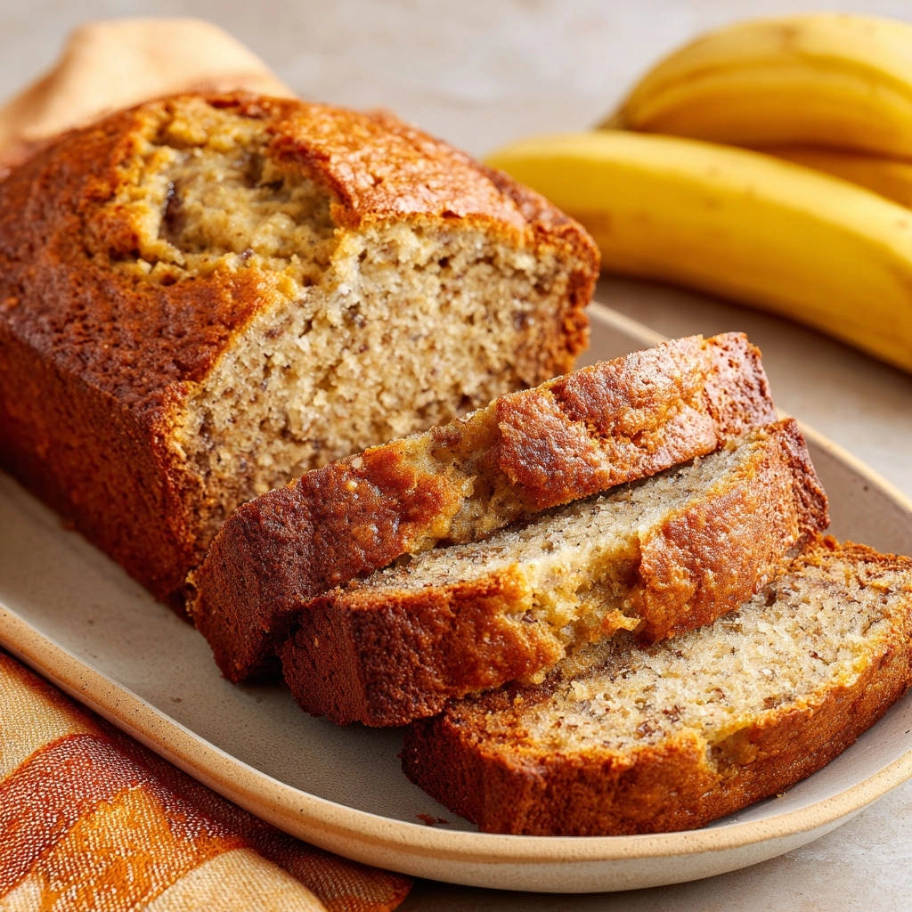 Das unvergleichliche Bananenbrot angeschnitten auf einem Teller, mit saftigen Scheiben und Bananen im Hintergrund.