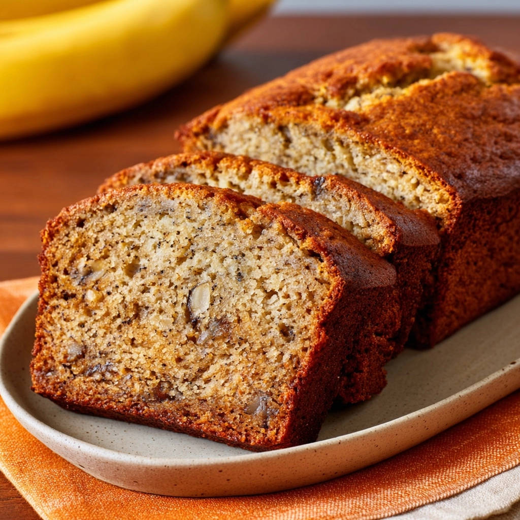 Das unvergleichliche Bananenbrot angeschnitten auf einem Teller, Nahaufnahme der saftigen Krume mit Walnüssen.