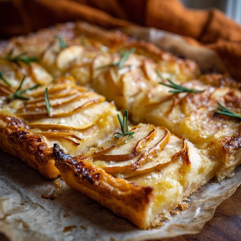 Elegante Birnen-Rosmarin-Tarte angeschnitten, mit geschichteten Birnenscheiben und frischem Rosmarin garniert.