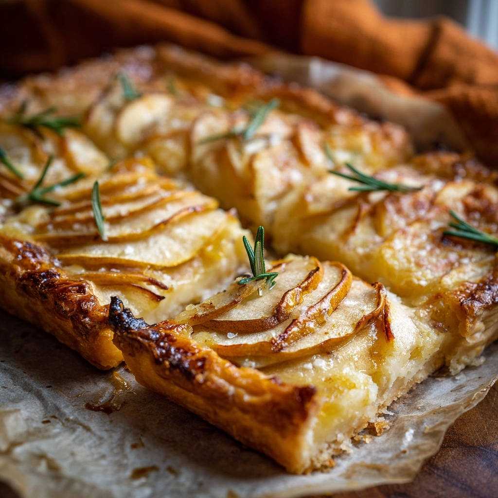 Elegante Birnen-Rosmarin-Tarte angeschnitten, mit geschichteten Birnenscheiben und frischem Rosmarin garniert.