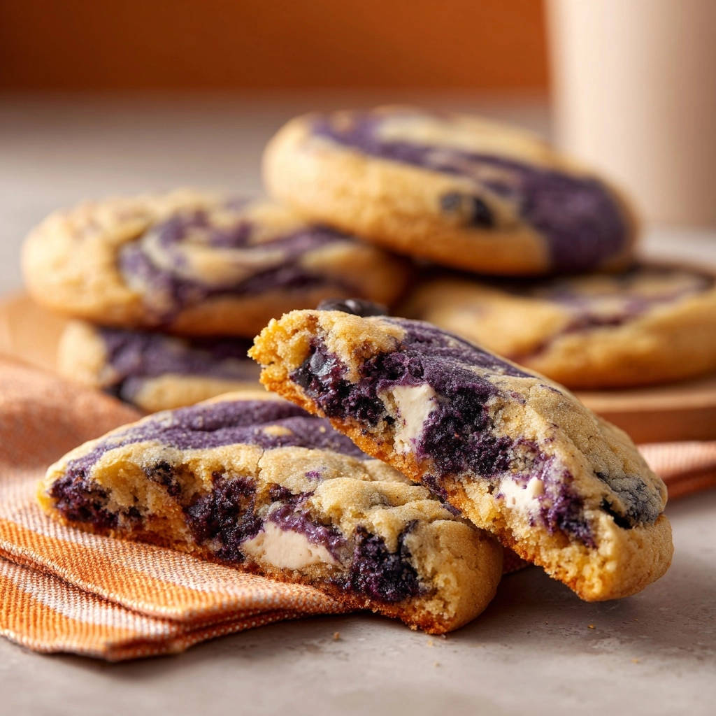 Blaubeer-Cheesecake-Cookies angeschnitten mit sichtbarer cremiger Füllung und Blaubeeren im Detail