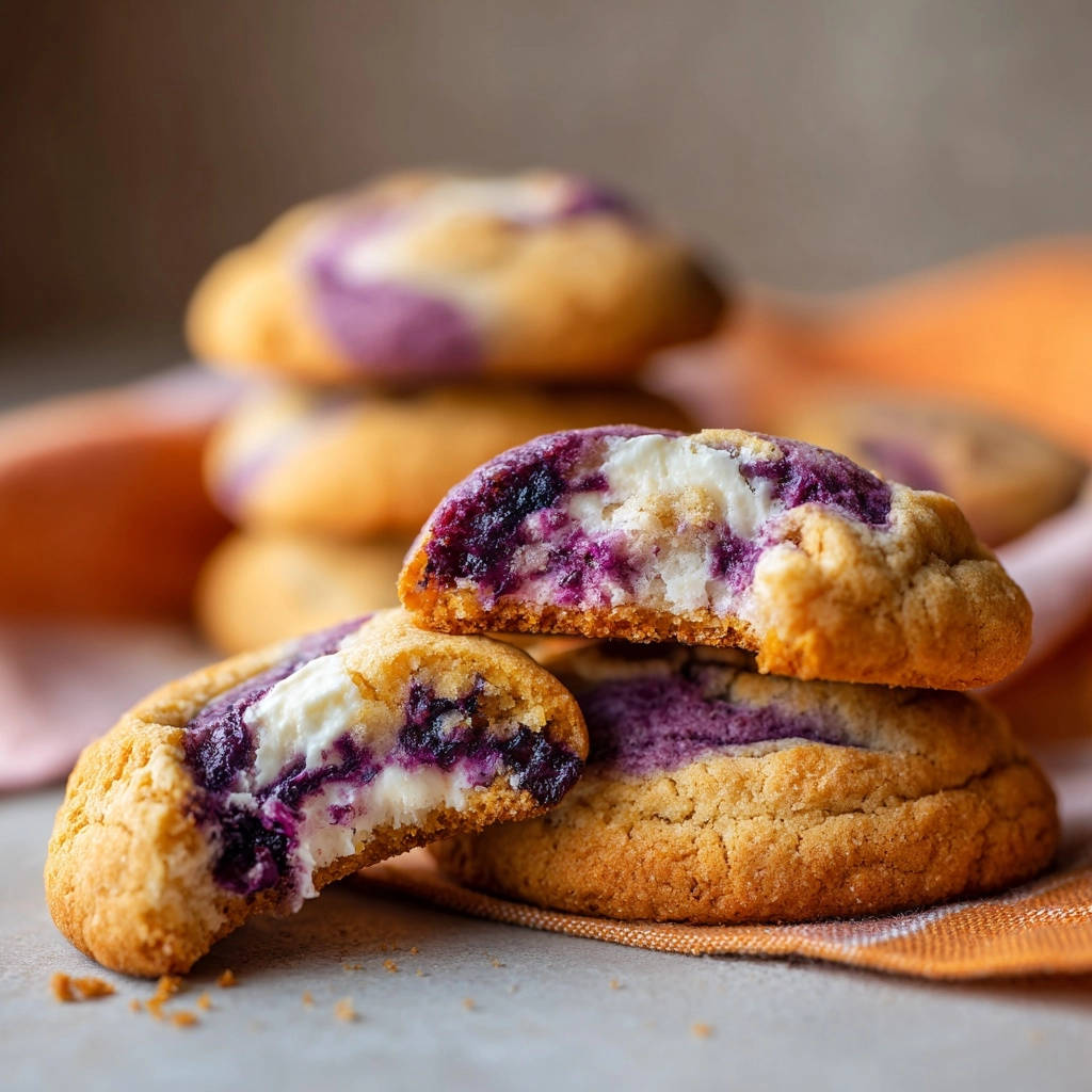 Blaubeer-Cheesecake-Cookies angeschnitten, die einen cremigen Frischkäse- und Blaubeerkern offenbaren.