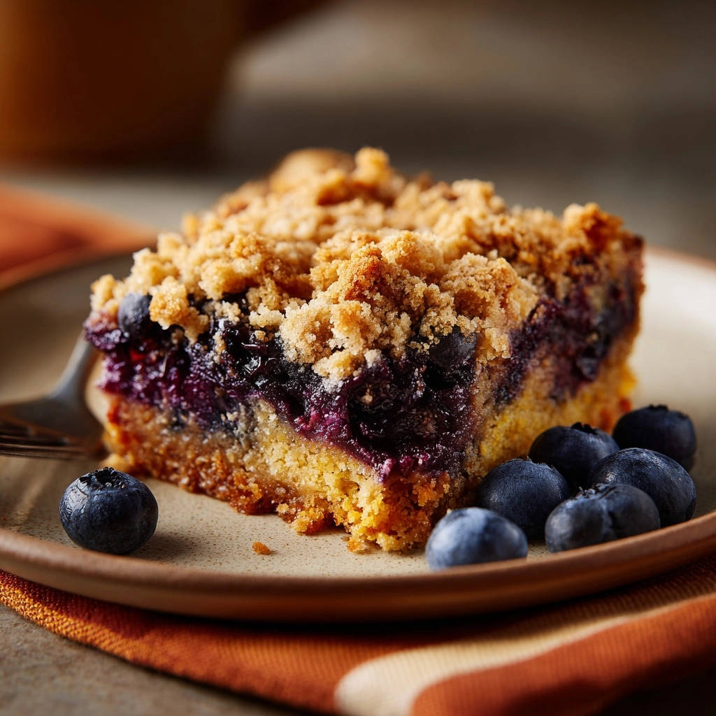 Saftige Blaubeer-Crumble-Schnitten als Nahaufnahme einer einzelnen Scheibe mit Blaubeeren und Streuseln auf einem Teller
