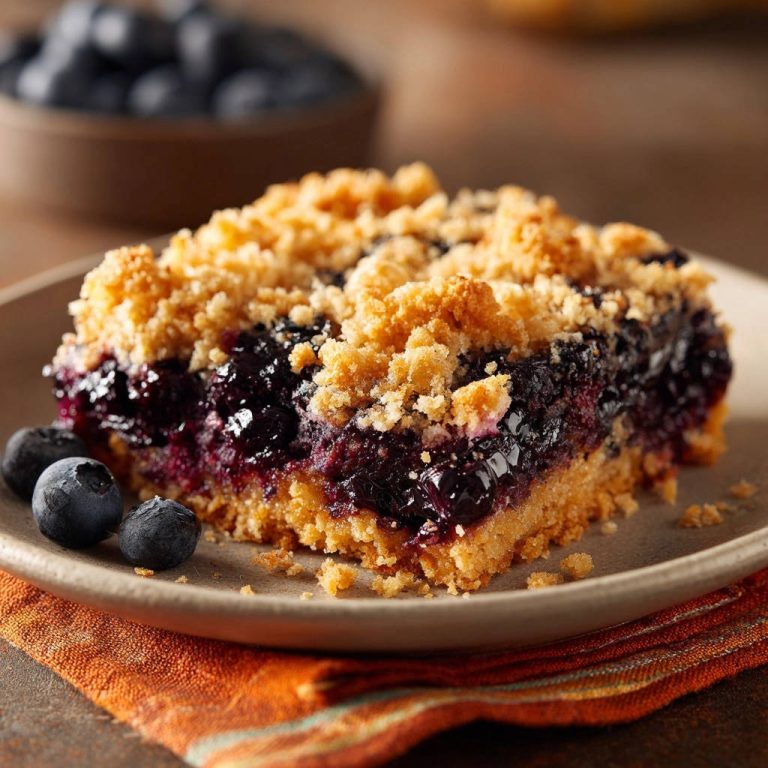 Saftige Blaubeer-Crumble-Schnitten auf einem Teller mit frischen Blaubeeren, Nahaufnahme des saftigen Inneren und Kuchens.