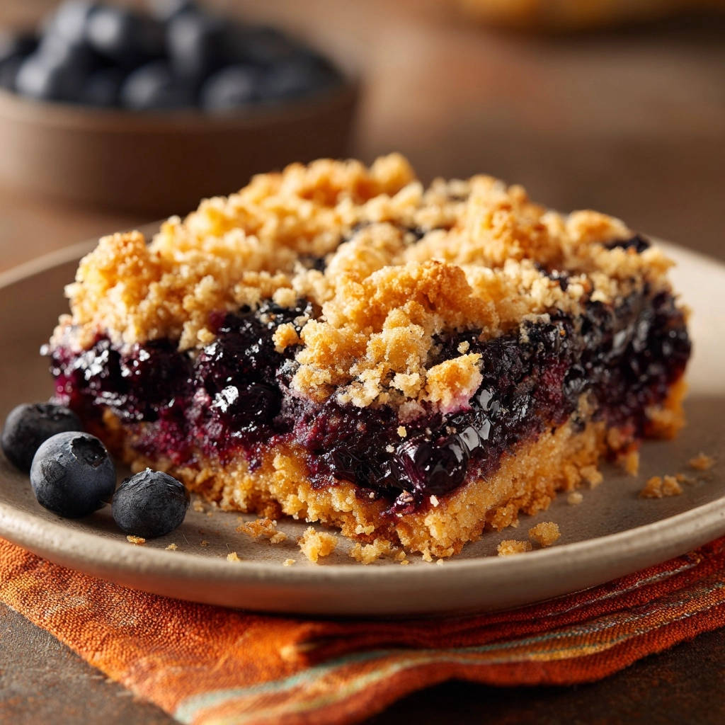 Saftige Blaubeer-Crumble-Schnitten auf einem Teller mit frischen Blaubeeren, Nahaufnahme des saftigen Inneren und Kuchens.
