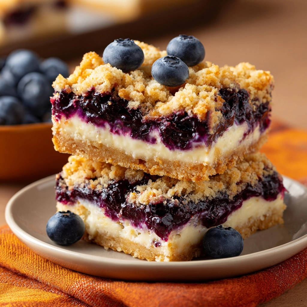 Blaubeer-Streusel-Schnitten mit Frischkäse als Nahaufnahme des Anschnitts, der die Schichten zeigt.