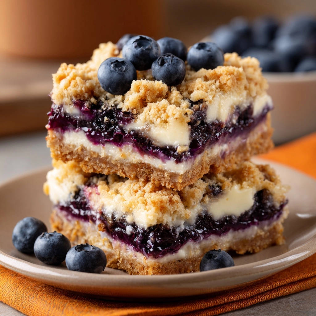 Blaubeer-Streusel-Schnitten mit Frischkäse als Querschnitt gestapelt auf einem Teller, mit Blaubeeren garniert.
