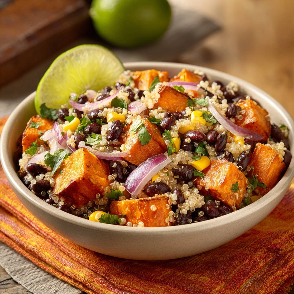 Bunte Quinoa-Bowl mit Süßkartoffeln, nahaufnahme der Zutaten mit Limette und Koriander garniert.