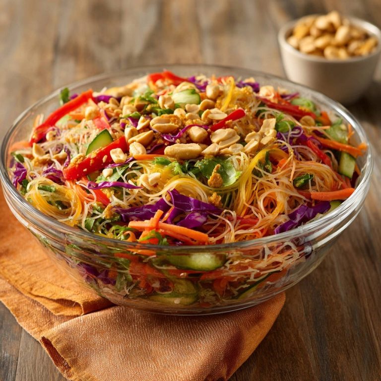 Bunter Glasnudelsalat mit Erdnüssen und frischem Gemüse, in einer Glasschüssel serviert mit einer Nahaufnahme der Garnitur.