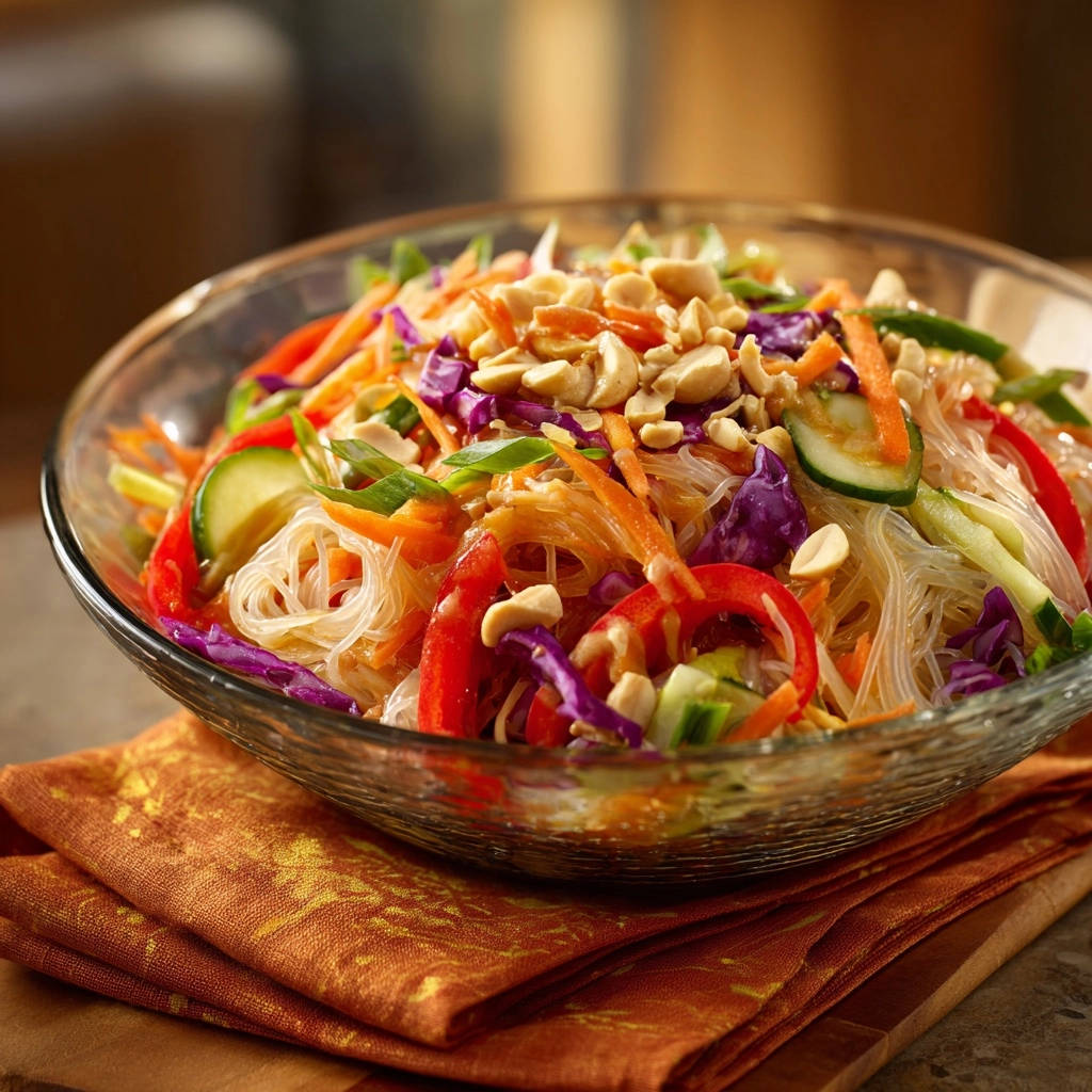 Bunter Glasnudelsalat mit knackigen Cashewkernen und frischem Gemüse in einer Glasschüssel, Nahaufnahme.