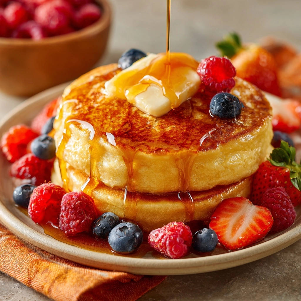 Klassische Buttermilch-Pfannkuchen mit Butter, Sirup und frischen Beeren auf einem Teller garniert.