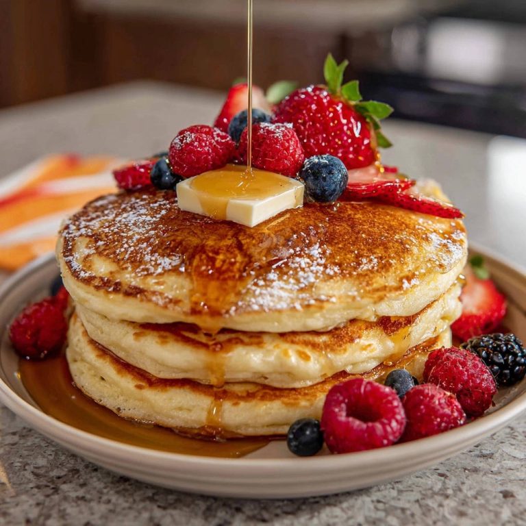 Klassische Buttermilch-Pfannkuchen mit Beeren und Sirup, garniert mit Puderzucker und einem Butterstück.