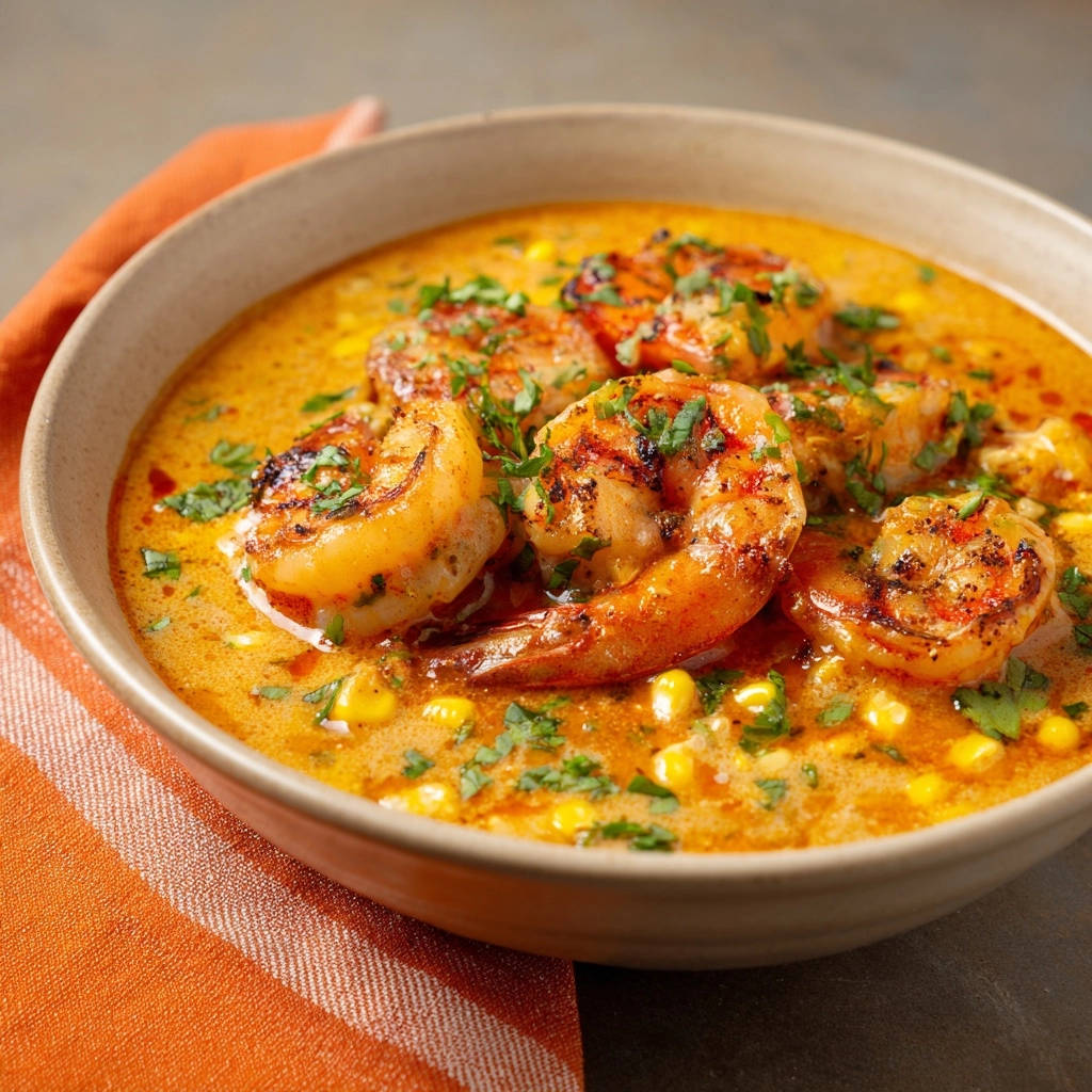 Cremige Cajun-Garnelen mit Mais, serviert in einer Schüssel mit Garnelen und Mais im Fokus.
