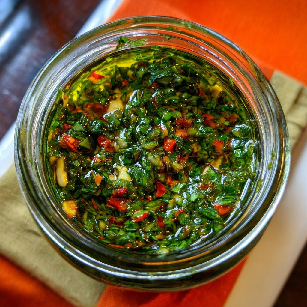 Das Ultimative Chimichurri als Nahaufnahme im Glas, mit frischen Kräutern und Chili deutlich erkennbar.