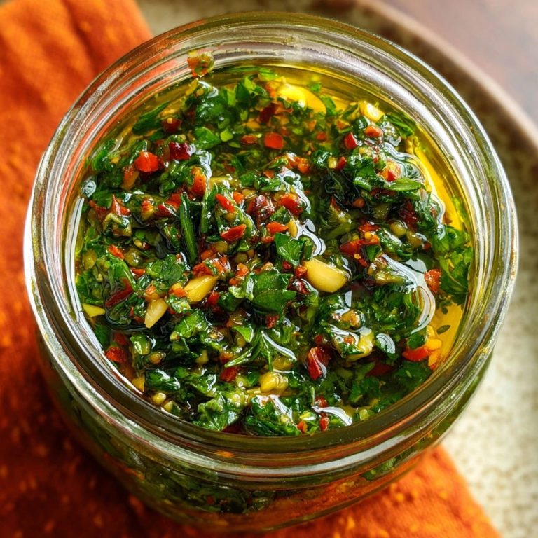 Das Ultimative Chimichurri, eine Nahaufnahme einer frischen, grünen Sauce mit roten Chilistückchen und Knoblauch in einem Glas.