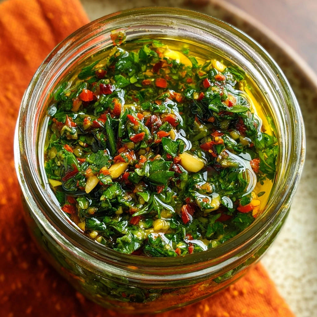 Das Ultimative Chimichurri, eine Nahaufnahme einer frischen, grünen Sauce mit roten Chilistückchen und Knoblauch in einem Glas.