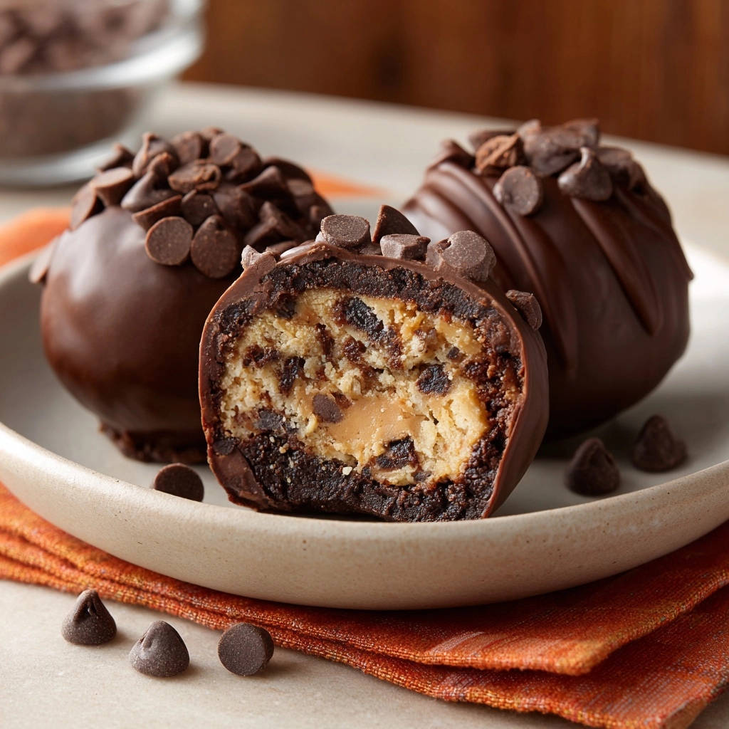 Verlockende Cookie Dough Kugeln im Anschnitt, die die Schokoladenschicht und das cremige Innere zeigen.