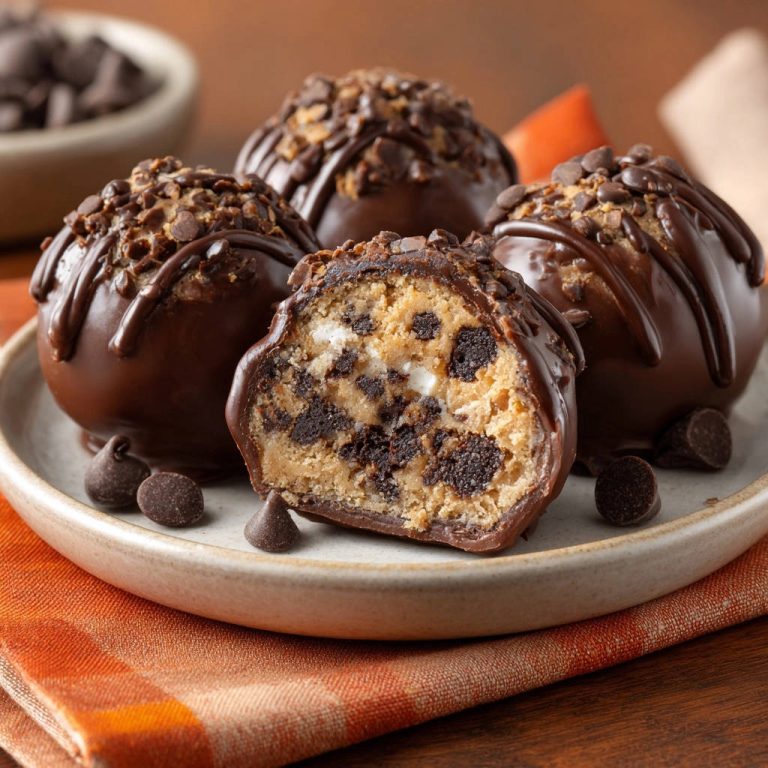 Verlockende Cookie Dough Kugeln als Nahaufnahme mit angeschnittener Kugel, die den Teig mit Schokostückchen offenbart.