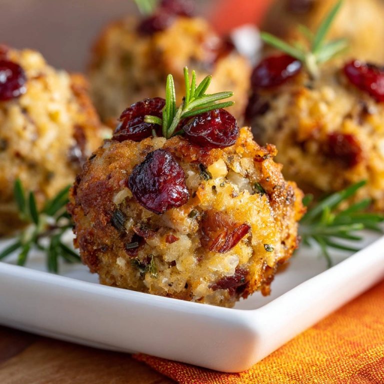 Knusprige Cranberry-Kräuter-Füllbällchen mit Rosmarin und Cranberries garniert, Nahaufnahme auf einem Teller