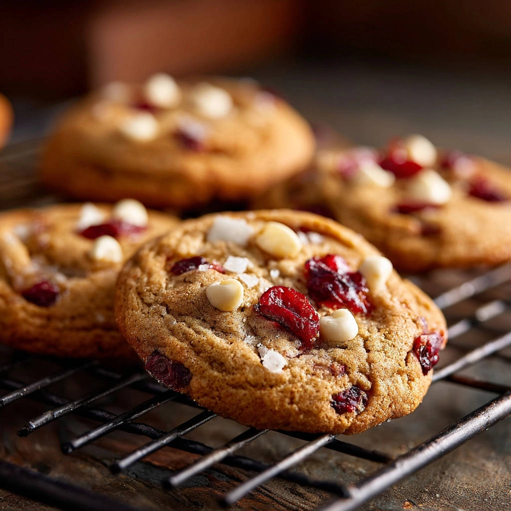 Cranberry-Weiße-Schokolade Cookies sind nahaufnahme auf einem Kuehlgitter zu sehen mit vielen Cranberries und Schokostueckchen.