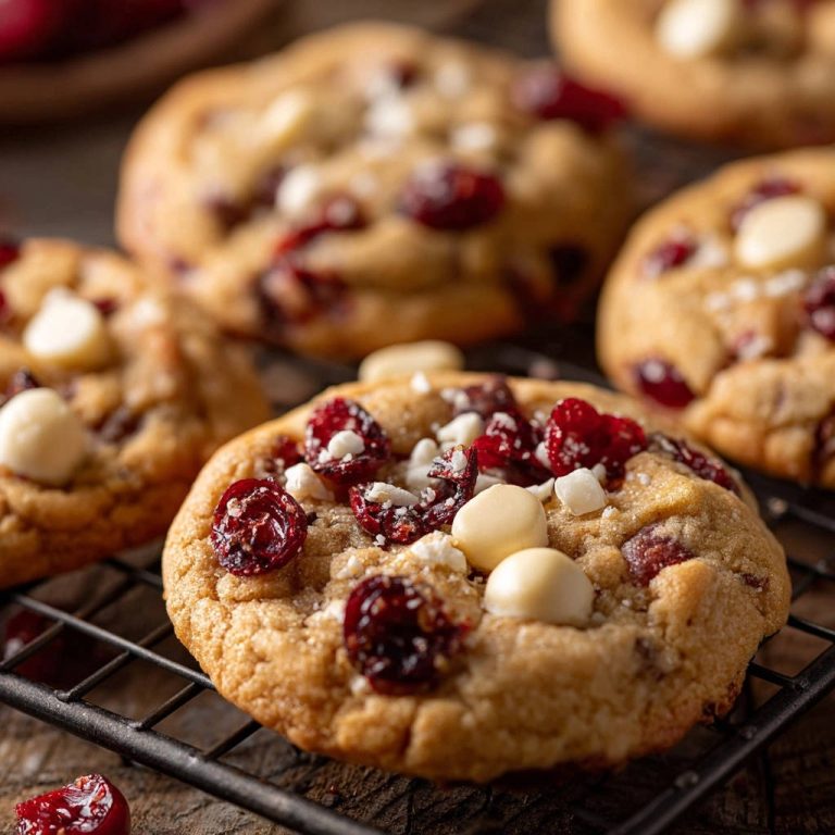 Cranberry-Weiße-Schokolade Cookies himmlisch zart, nahaufnahme auf einem schwarzen Kühlgitter mit getrockneten Cranberries und weißer Schokolade.