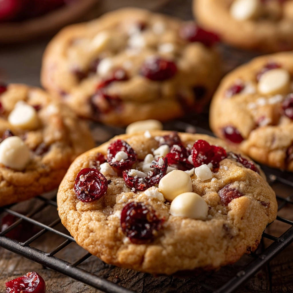 Cranberry-Weiße-Schokolade Cookies himmlisch zart, nahaufnahme auf einem schwarzen Kühlgitter mit getrockneten Cranberries und weißer Schokolade.