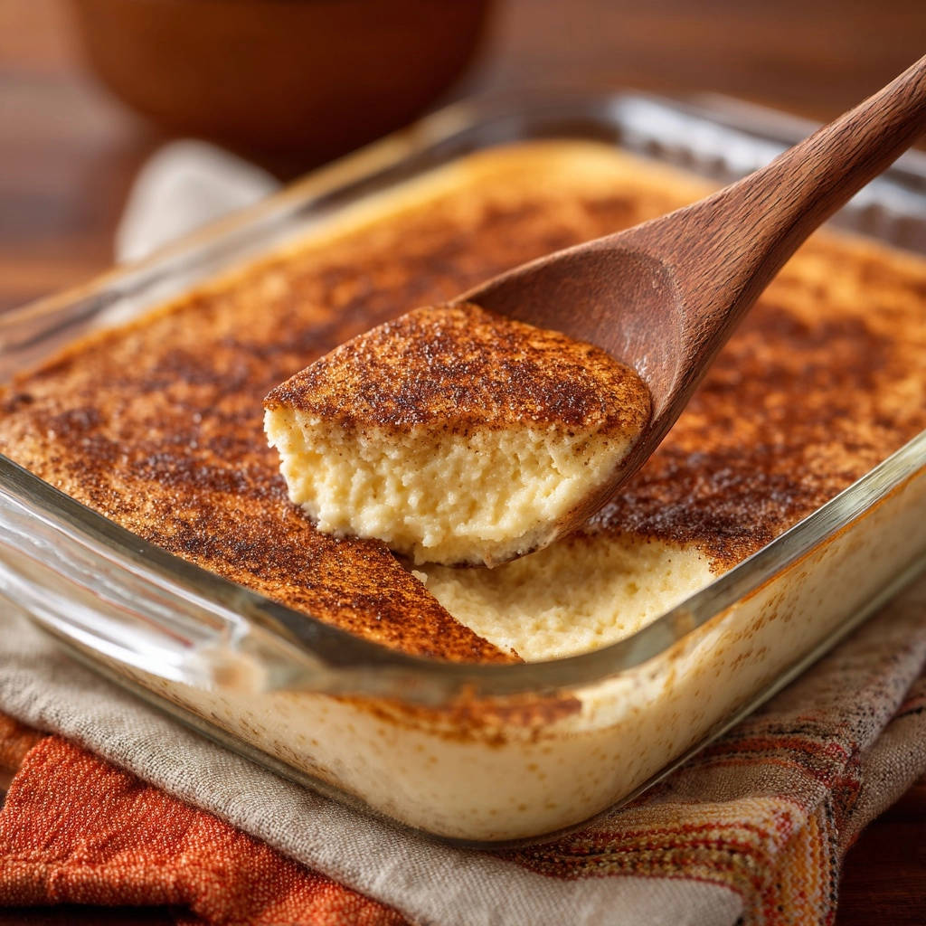 Cremiger Vanille-Traum: Eine Portion Crème brûlée wird mit einem Holzlöffel aus der Auflaufform gehoben und zeigt die feine Textur.