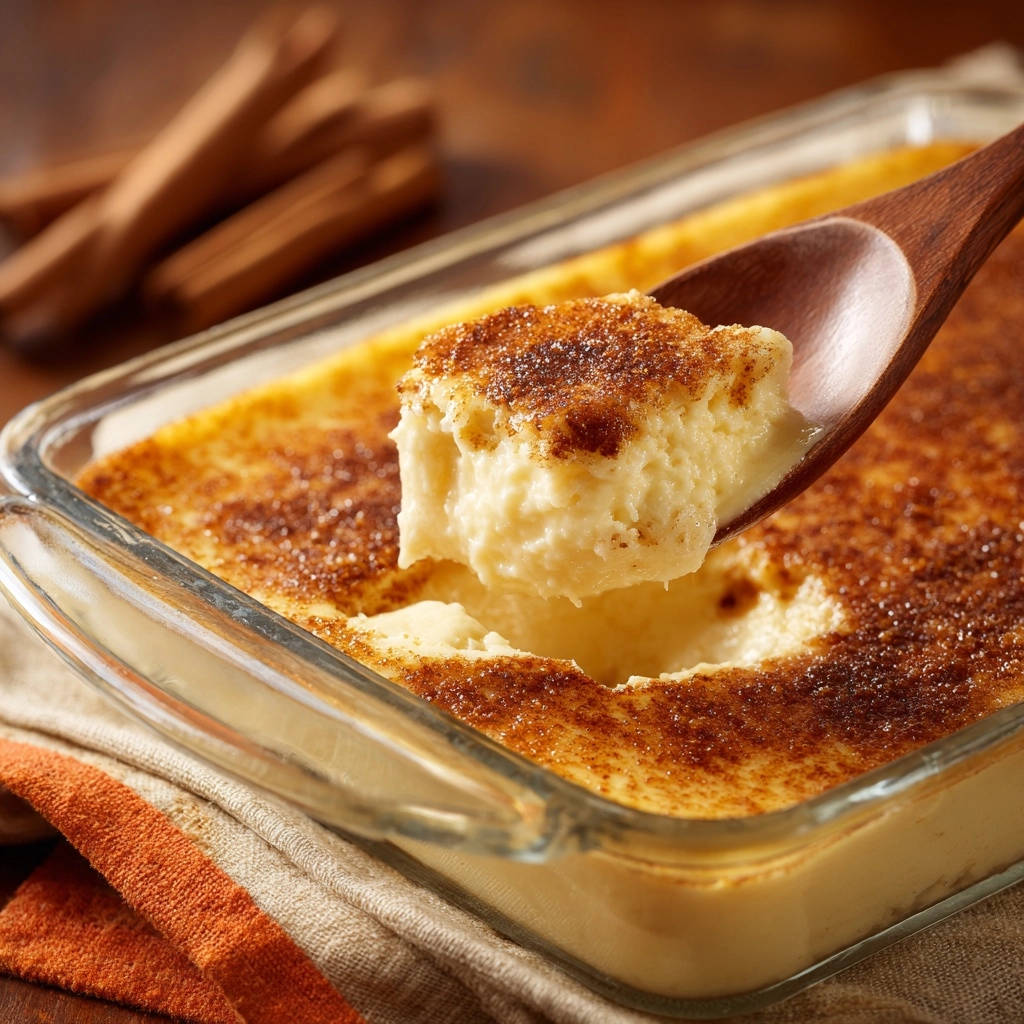 Cremige Crème brûlée mit karamellisierter Kruste auf einem Holzlöffel nah aufgenommen