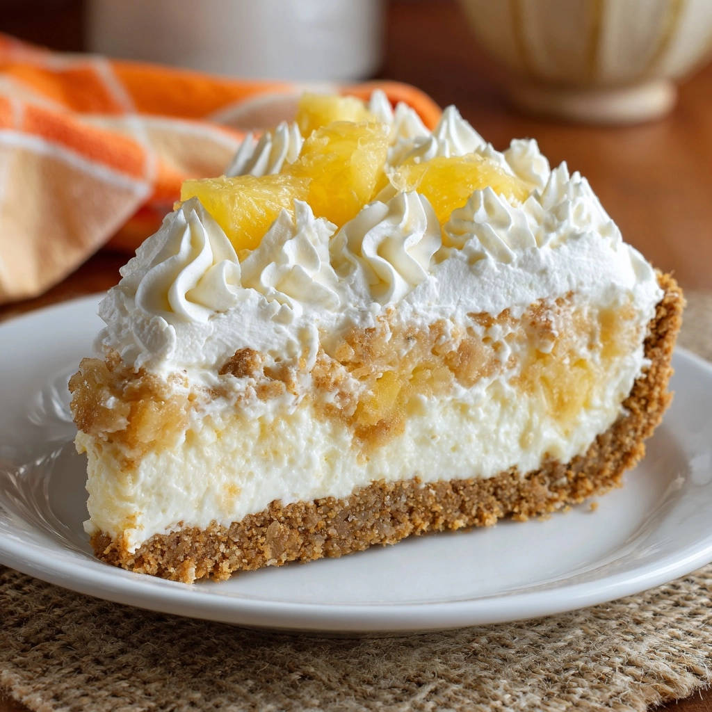 Cremige Ananas-Torte ohne Backen, angeschnitten auf einem weißen Teller mit Sahnetuffs und Ananasstücken garniert
