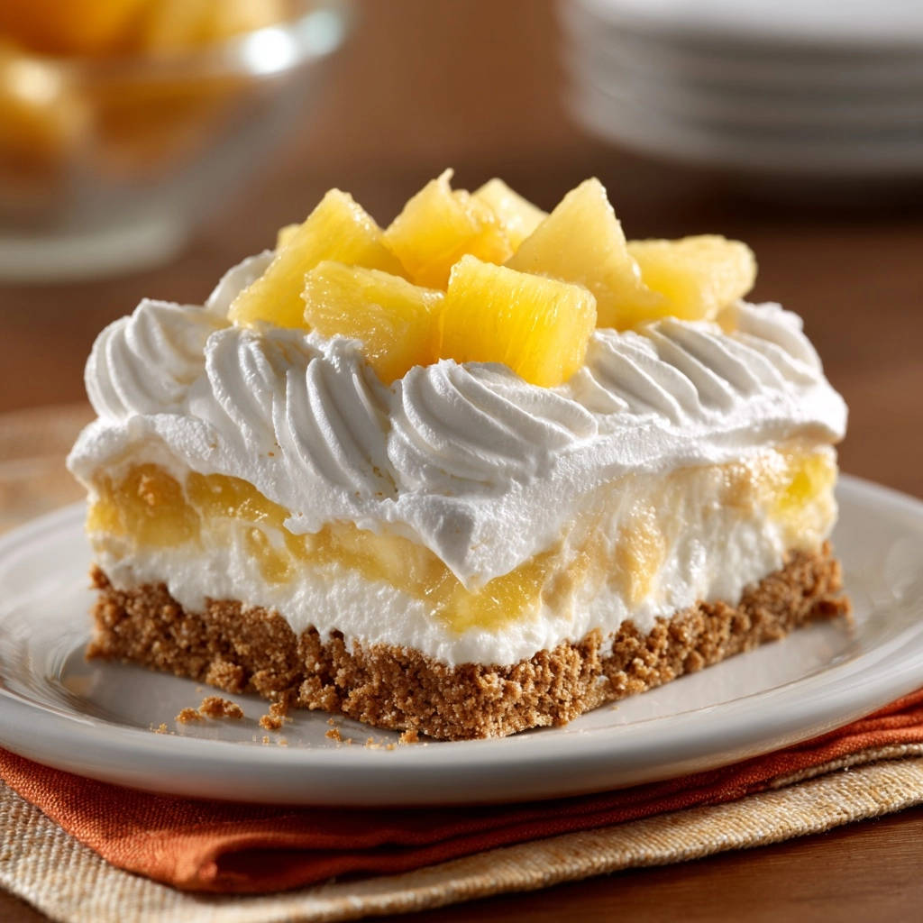 Cremige Ananas-Torte ohne Backen, ein einzelnes Stück auf einem weißen Teller serviert, mit Sahnetupfern und Ananasstücken garniert.