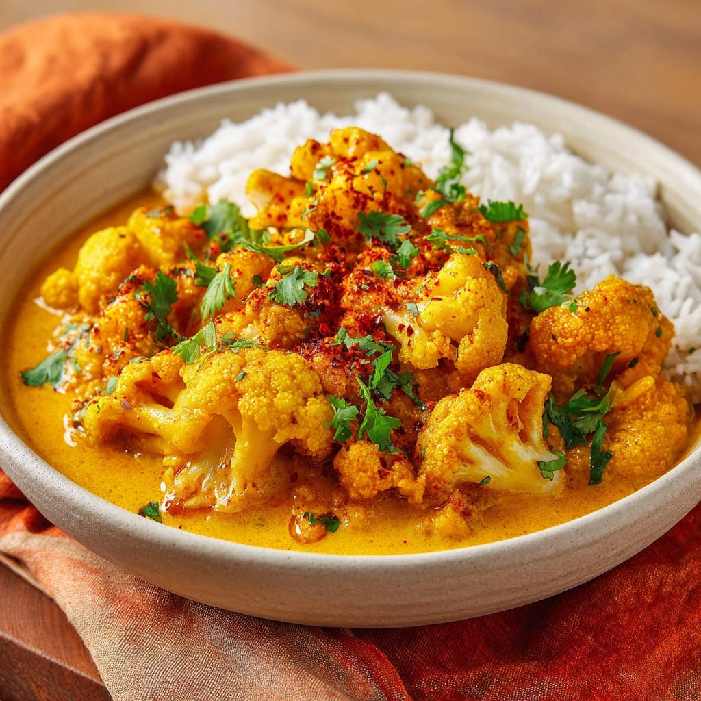 Cremiges Blumenkohl-Curry mit Reis, garniert mit frischem Koriander und Paprikapulver.