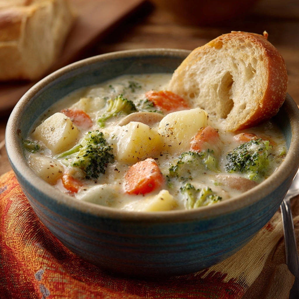 Cremige Brokkoli-Kartoffel-Suppe mit knackigen Gemüsestücken und einem Brotstück, das in die Schüssel getaucht ist.