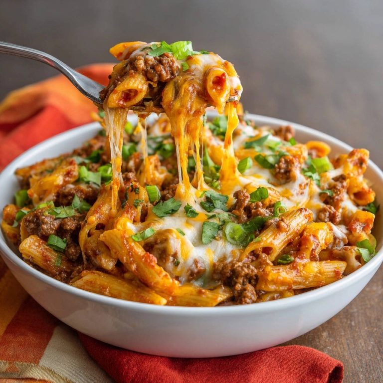 Cremige Hackfleisch-Pasta mit Käse, auf einer Gabel mit Käsefäden herausgezogen, Nahaufnahme.