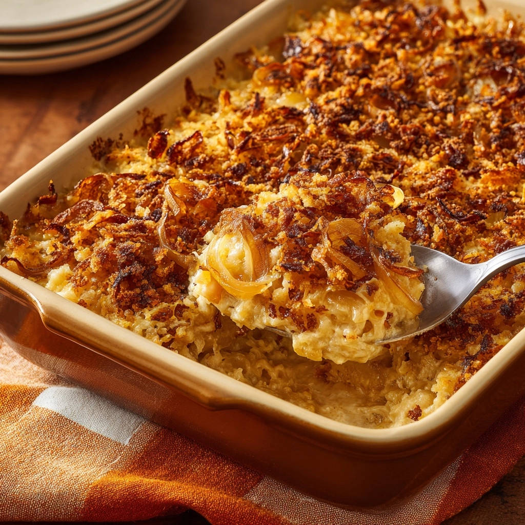 Cremiges Kartoffel-Zwiebel-Gratin mit knuspriger Kruste, eine Portion wird mit einem Löffel herausgehoben.