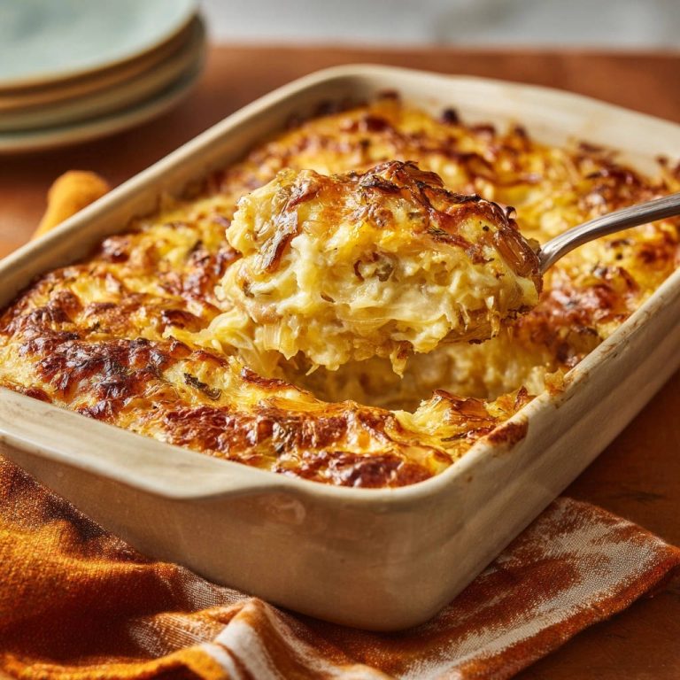 Cremiges Kartoffel-Zwiebel-Gratin, nahaufnahme eines Löffels, der eine Portion aus der Auflaufform hebt