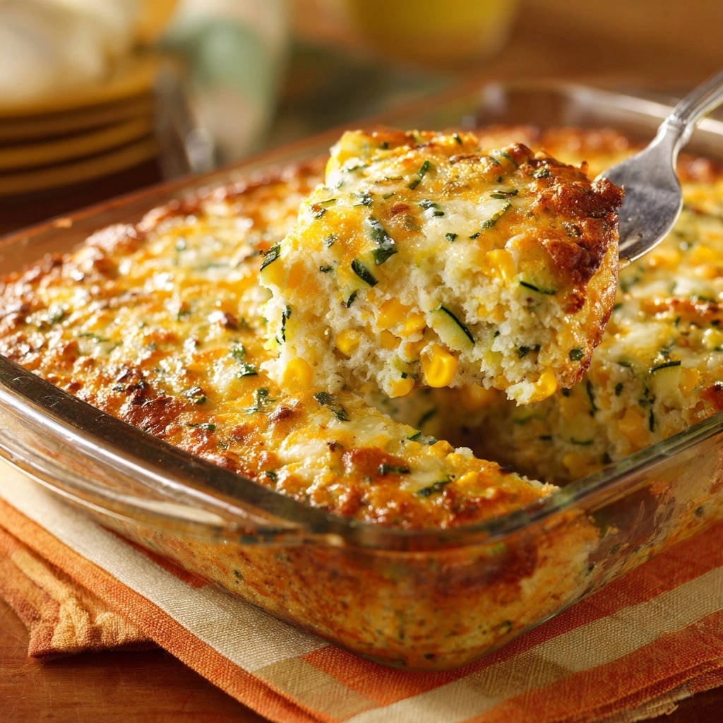 Cremiger Mais-Zucchini-Auflauf angeschnitten mit einer Gabel, zeigt die saftige Textur mit Maiskörnern und Zucchini.