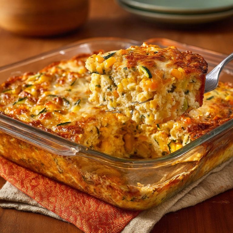 Cremiger Mais-Zucchini-Auflauf angeschnitten mit einer Gabel, zeigt die saftige Textur innen.